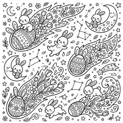 Embark on an interstellar Easter adventure with this unique coloring page, where cute bunnies explore a galaxy of comets reimagined as festive Easter eggs and blooming flowers. Perfect for adding a touch of whimsical magic to your holiday coloring experience.