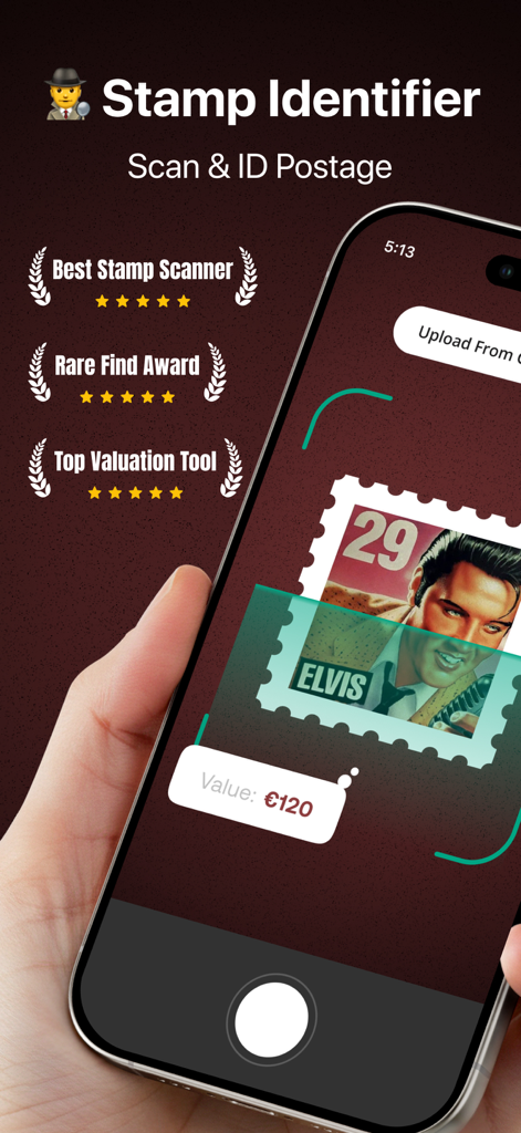 Stamp Value Identifier AI - AIアプリを使って市場価値を識別するために、エルヴィス・プレスリーの切手をスキャンするスマートフォン