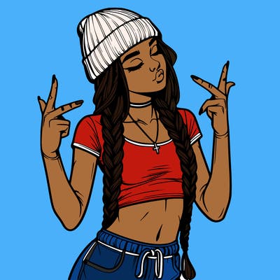 realistic teenage girl with braids and a beanie and crop top doing 🫶🏼