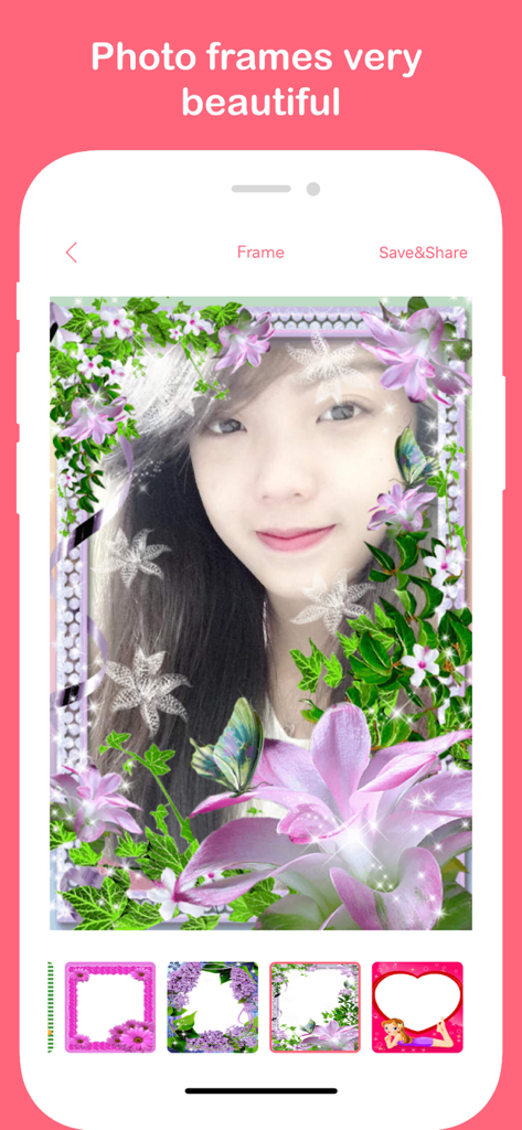 Camera Beauty 360 - Selfie Cam - A woman's selfie decorated with a floral and butterfly photo frame in the Camera Beauty 360 app