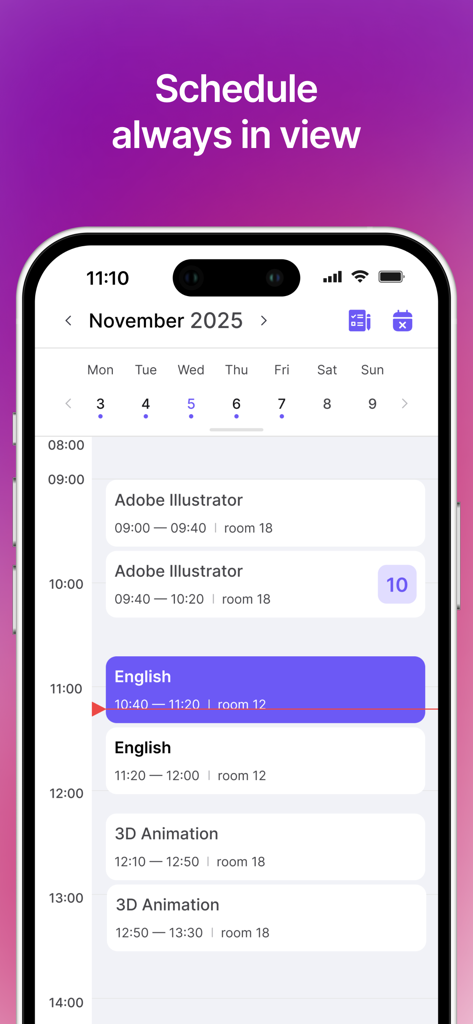 MyStat - Smartphone screen showing the MyStat app class schedule for an IT student featuring courses like Adobe Illustrator and 3D Animation