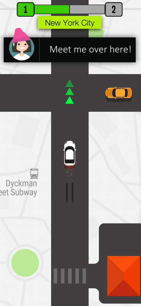 Pick Me Up™ - Vista dall'alto di un'auto che guida nel traffico di New York City per raccogliere un passeggero nel gioco Pick Me Up