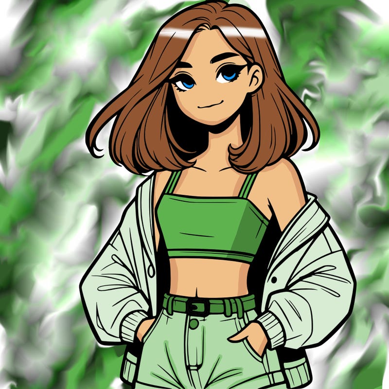 a realistic girl with a crop top and short shorts in an open jacket