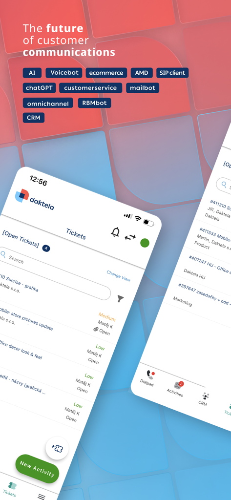 Daktela - Daktela mobile app interface displaying open customer support tickets and CRM navigation