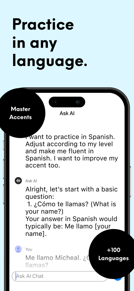 Tela do smartphone mostrando um chatbot de IA auxiliando um usuário com prática e tradução de idiomas em espanhol.