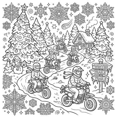 Hit the snowy trails with an exciting Mini Motorcycle coloring page, perfect for adventurers of all ages. This festive scene brings together the thrill of mini bikes with the magic of a winter wonderland.