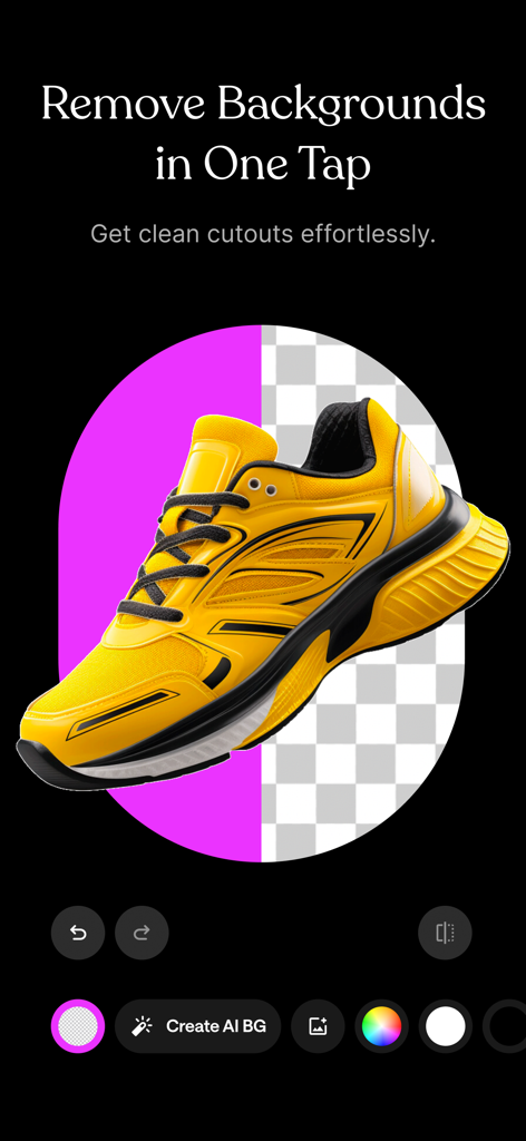 Remo・Remove Objects from Photo - A yellow sneaker being edited with the Remo app background removal tool