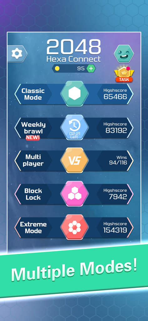 Menú principal de 2048 Hexa Puzzle mostrando múltiples modos de juego como Clásico, Batalla Semanal, Multijugador, Bloqueo de Bloques y Modo Extremo