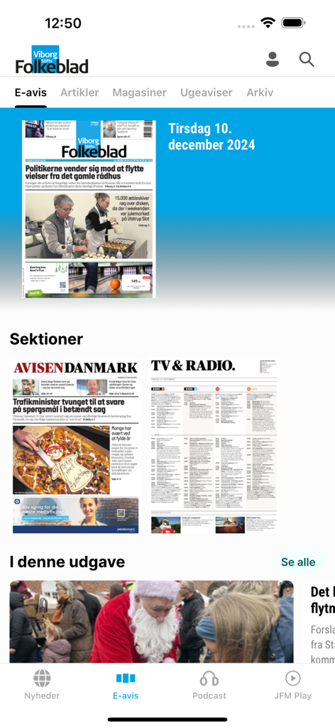 Viborg Stifts Folkeblad app interface showing the digital e-paper and local news sections.