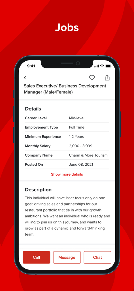 dubizzle - Capture d'écran de l'application Dubizzle montrant une offre d'emploi pour un poste de responsable des ventes aux Émirats arabes unis.