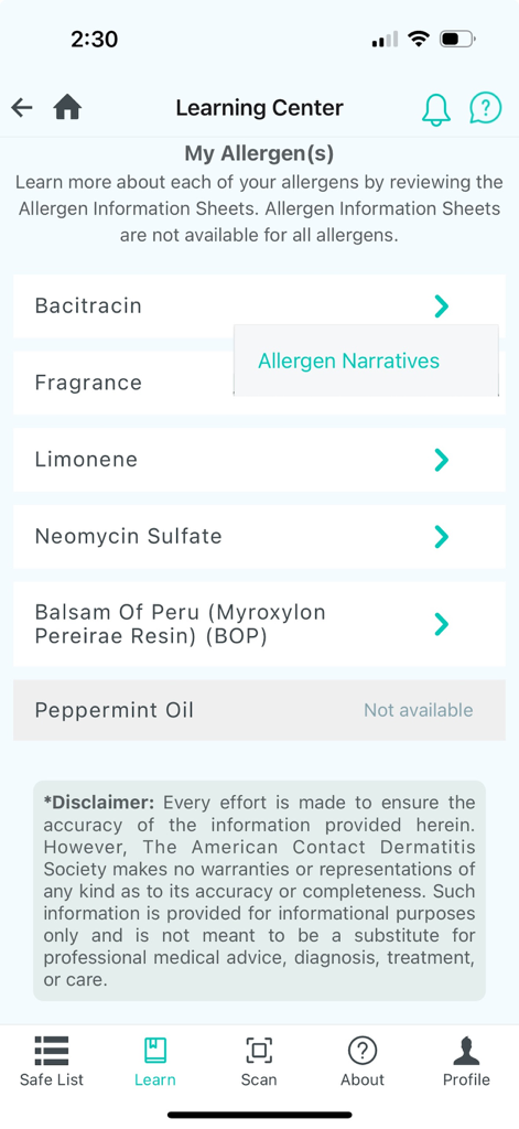 ACDS CAMP - Screenshot of the ACDS CAMP app Learning Center showing a personalized list of allergens like Fragrance and Bacitracin.
