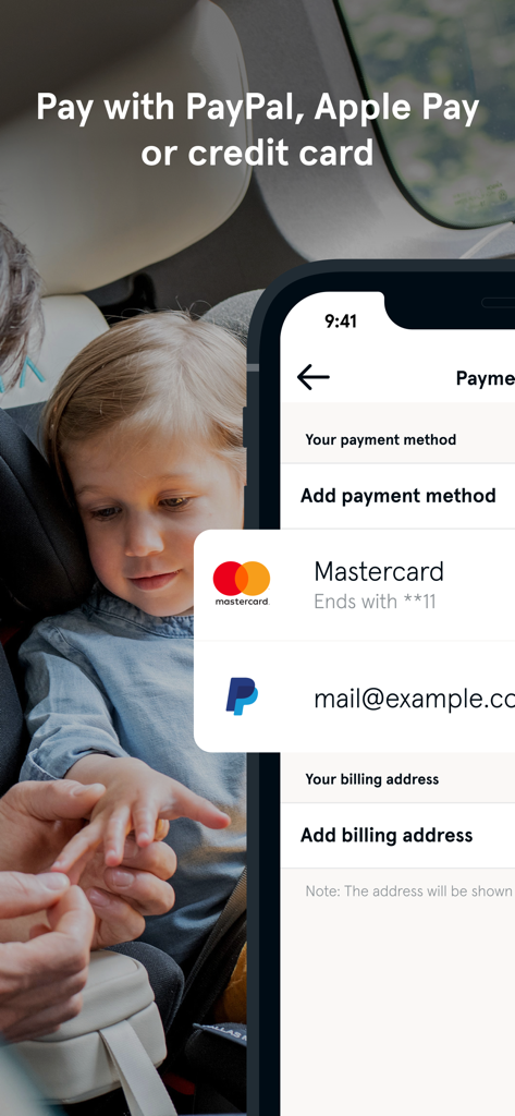 MOIA mobile app payment interface showing Mastercard and PayPal options