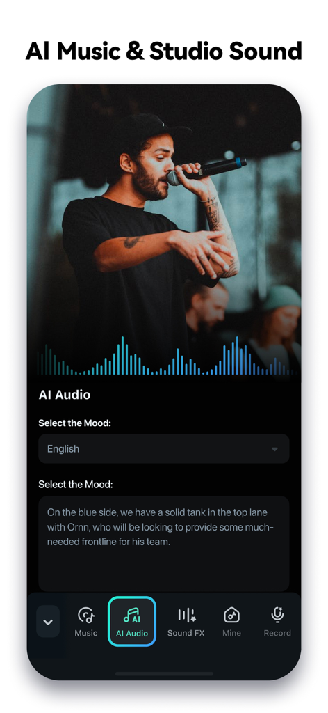 Interface de l'application mobile Filmora affichant la musique IA et les fonctionnalités de montage sonore de studio