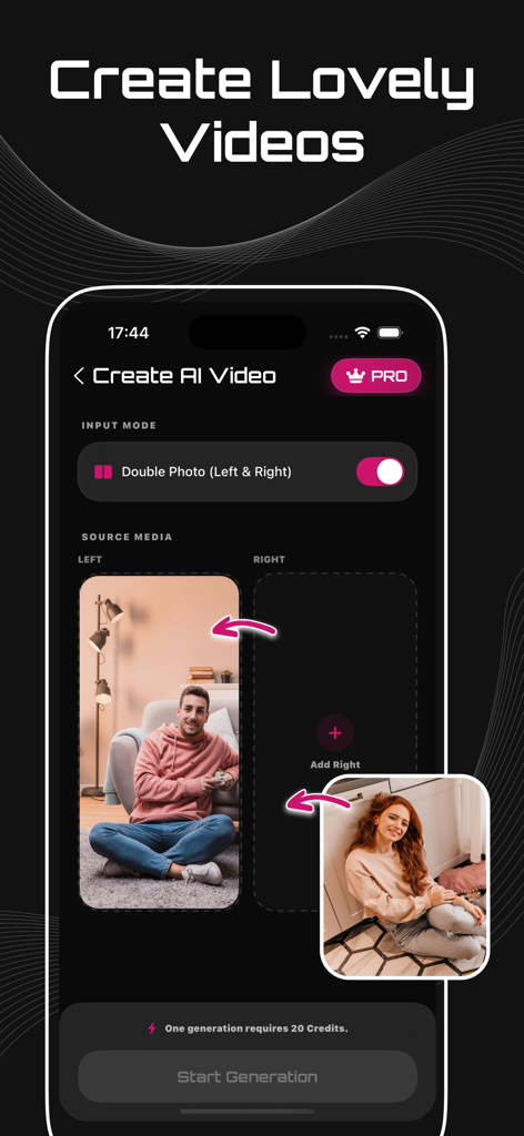 AI Video Generator Hot : Vinu - Interfaz de la aplicación Vinu que muestra el modo de entrada de doble foto para crear un vídeo IA a partir de dos imágenes