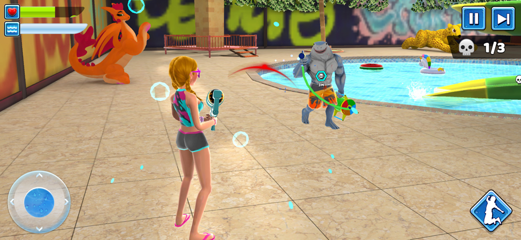 カラフルなウォーターパークの設定で、筋肉質のサメの相手に水鉄砲を向ける女性キャラクター。