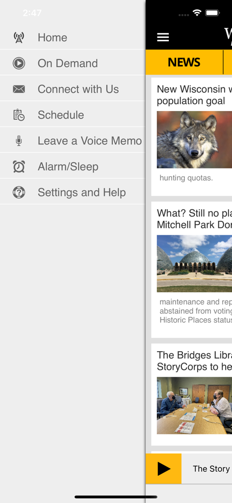 WUWM Milwaukee’s NPR - WUWM Milwaukee’s NPR app interface displaying the side navigation menu and local news feed