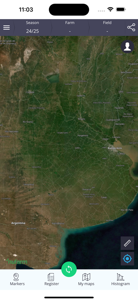 Nufarm - Satellite map view of fields in the Nufarm digital agriculture app showing navigation and scouting tools