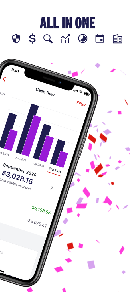 Westpac - Westpac mobile app interface showing a cash flow chart and financial management icons
