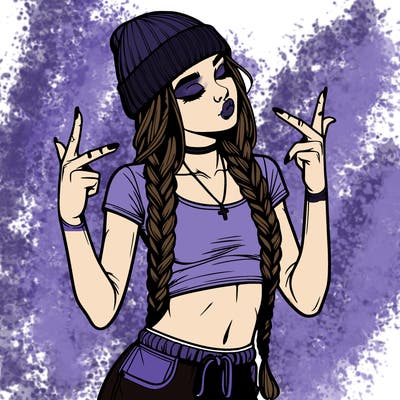 realistic teenage girl with braids and a beanie and crop top doing 🫶🏼