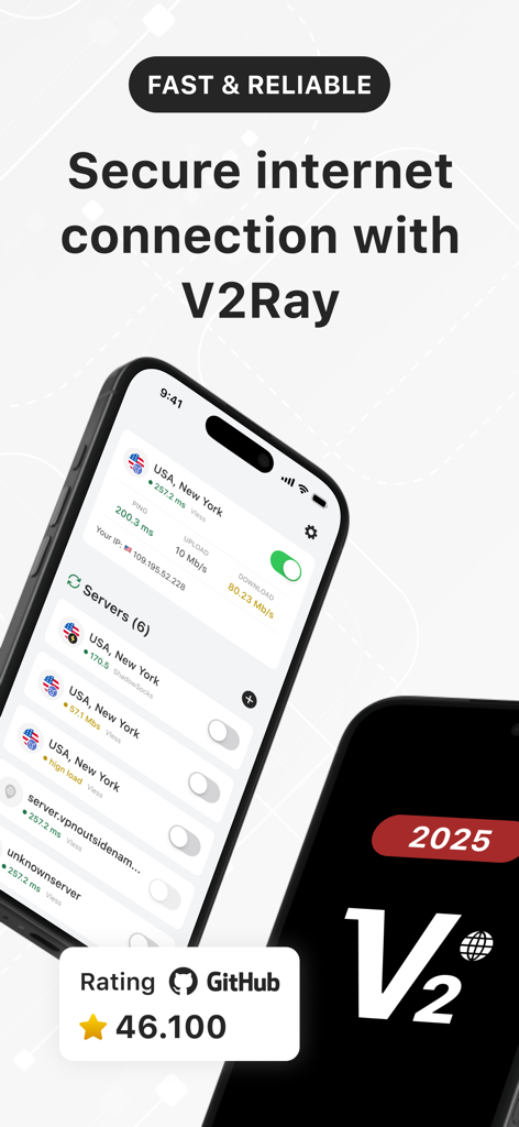 L'interface de l'application V2Ray Client+ sur iPhone montrant une connexion Internet sécurisée et une liste de serveurs USA New York.