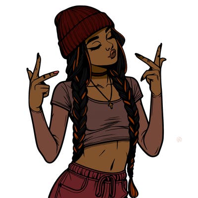 realistic teenage girl with braids and a beanie and crop top doing 🫶🏼