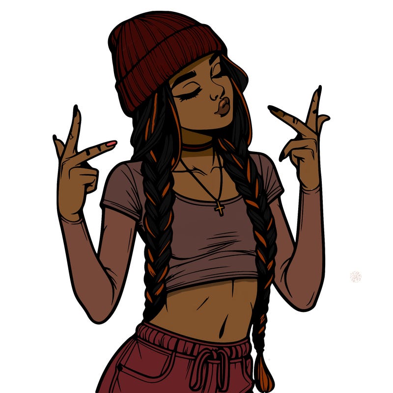 realistic teenage girl with braids and a beanie and crop top doing 🫶🏼