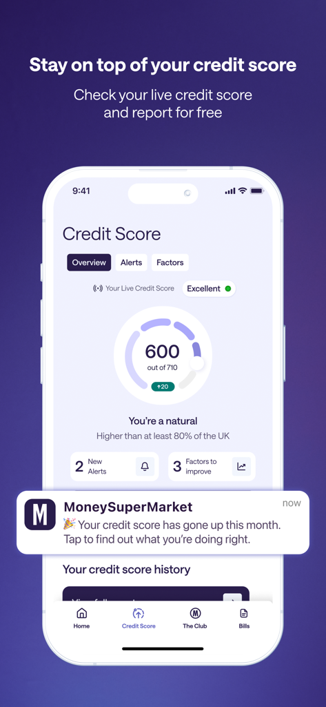 The MoneySuperMarket app interface showing a free credit score report and a notification that the user's score has increased.
