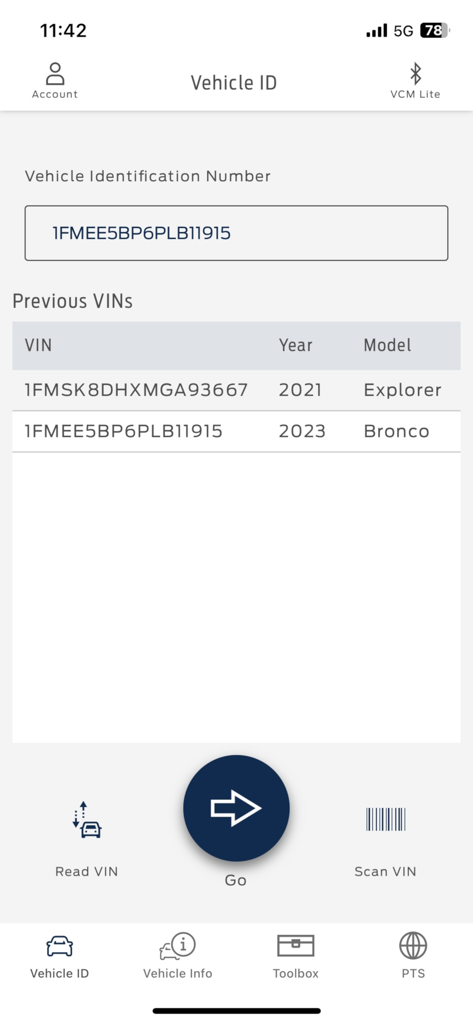 Ford DiagNow app interface showing vehicle identification number entry and previous scanned vehicle history