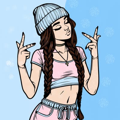 realistic teenage girl with braids and a beanie and crop top doing 🫶🏼