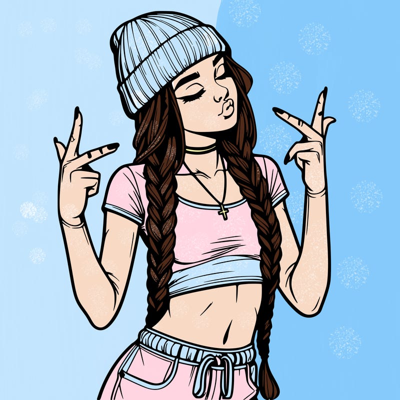 realistic teenage girl with braids and a beanie and crop top doing 🫶🏼