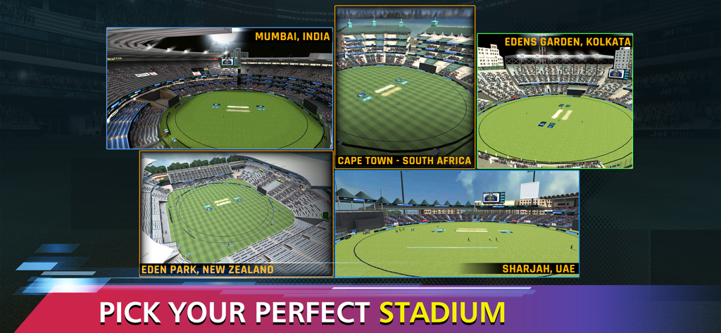 A selection of iconic international cricket stadiums in Sachin Saga Cricket Champions mobile game