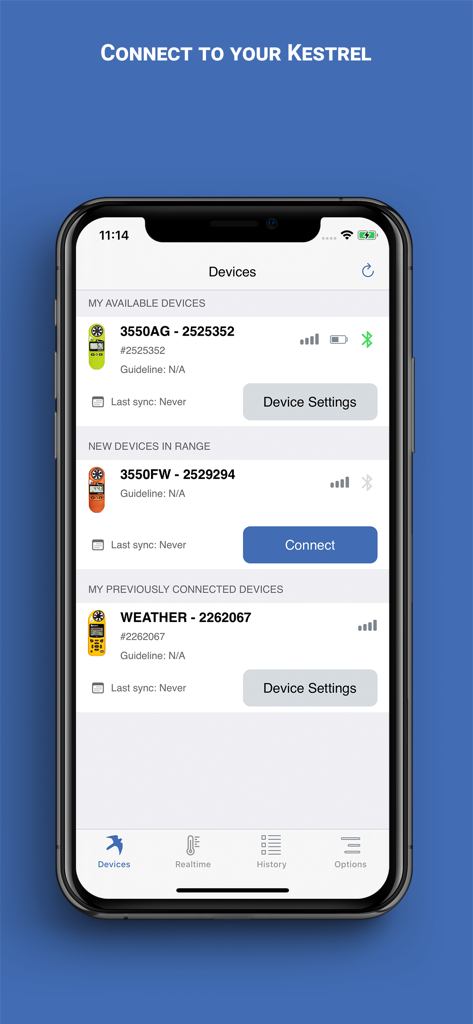 Kestrel LiNK app interface showing available and connected weather meter devices