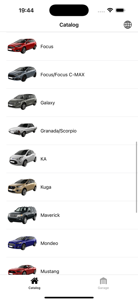 Pantalla de catálogo de la aplicación de repuestos para coches Ford que muestra una lista de modelos de vehículos como Focus y Mustang