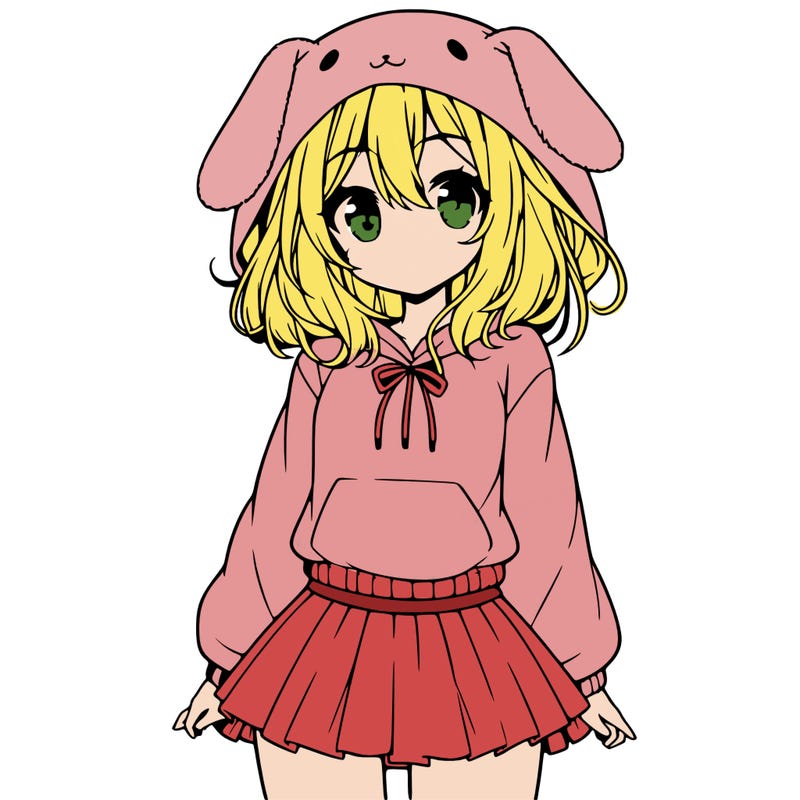 pretty anime girl wearing a fluffy hoodie with bunny ears on the hood and a skirt