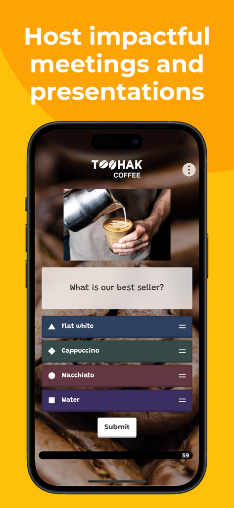 Kahoot app screen displaying a coffee-themed quiz for business meetings and presentations