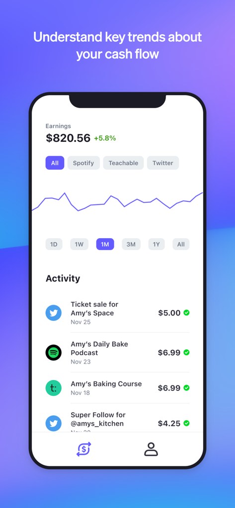 Stripe Express - Stripe Express app interface showing cash flow trends and a list of recent earnings from various creator platforms