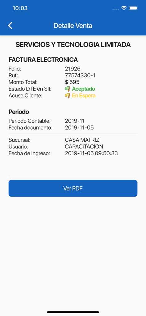 Facturacion.cl - Pantalla de la aplicación móvil que muestra los detalles de una factura electrónica, incluyendo el monto total y el estado ante la autoridad tributaria.
