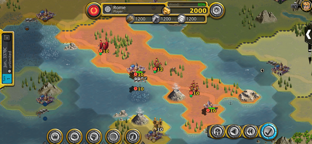 Demise of Nations - A turn-based 4X grand strategy gameplay screen showing the Roman Empire on a hex-grid map with military units and resource management