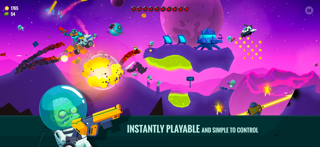 Dragon Hills 2 - Un niveau spatial plein d'action dans Dragon Hills 2 avec un astronaute zombie et un dragon mécanique provoquant des explosions.