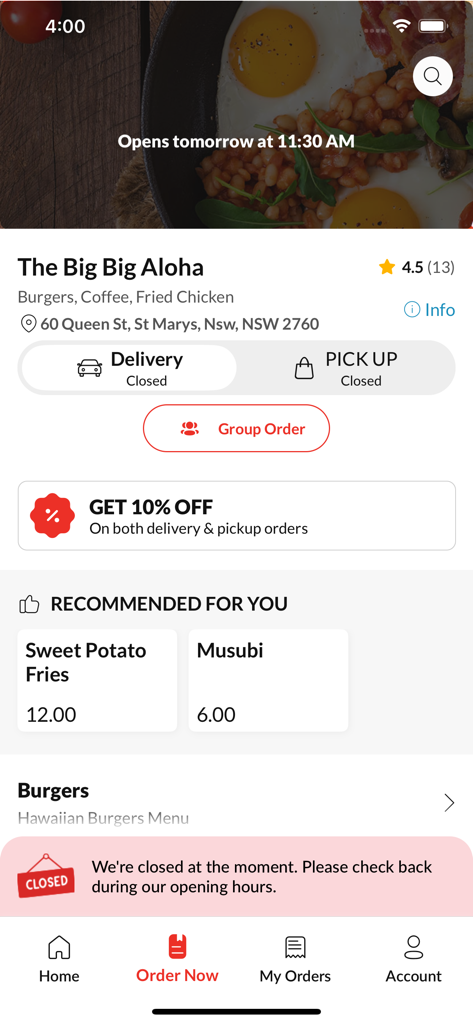 The Big Big Aloha - Home screen of The Big Big Aloha food ordering app showing menu categories and recommended items like Musubi and Sweet Potato Fries