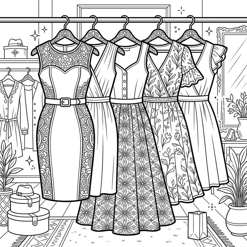 Step into the world of sophisticated style with this engaging coloring page featuring a collection of trendy work dresses. Perfect for teens, it offers a creative outlet to design your ideal professional wardrobe with intricate details and chic patterns.