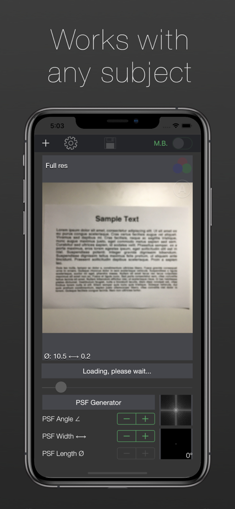 Smartphone screen showing the Image Deblur app interface processing a blurry document with professional PSF controls