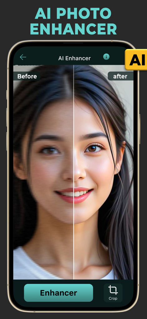AI画像エンハンサーアプリで改善されたポートレート写真の、比較前後のサイドバイサイド表示