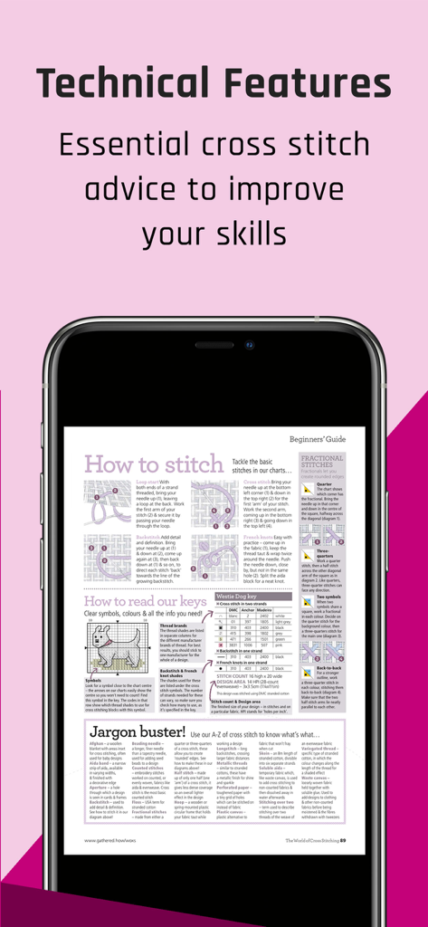 Uma tela de aplicativo móvel mostrando um guia para iniciantes em ponto cruz com conselhos técnicos e tutoriais.