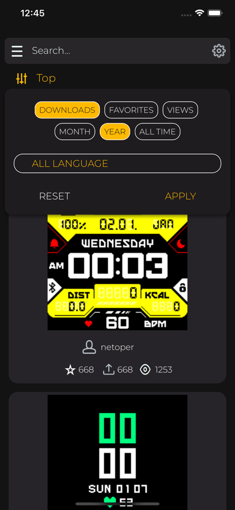 Galerie von benutzerdefinierten Smartwatch-Zifferblättern in der AmazFaces App mit Suchfiltern.