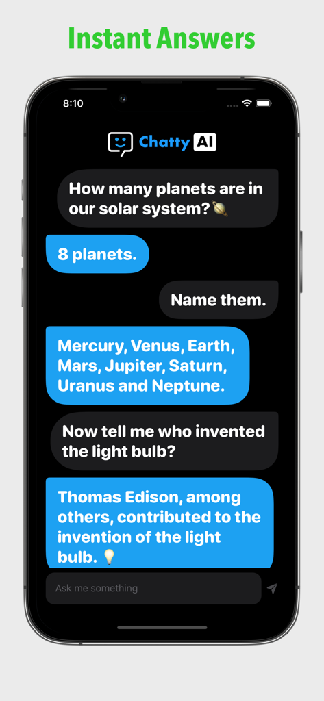 AI Chat! | ChattyAI - Interfaz de la aplicación ChattyAI que muestra una conversación con respuestas instantáneas sobre planetas e historia.