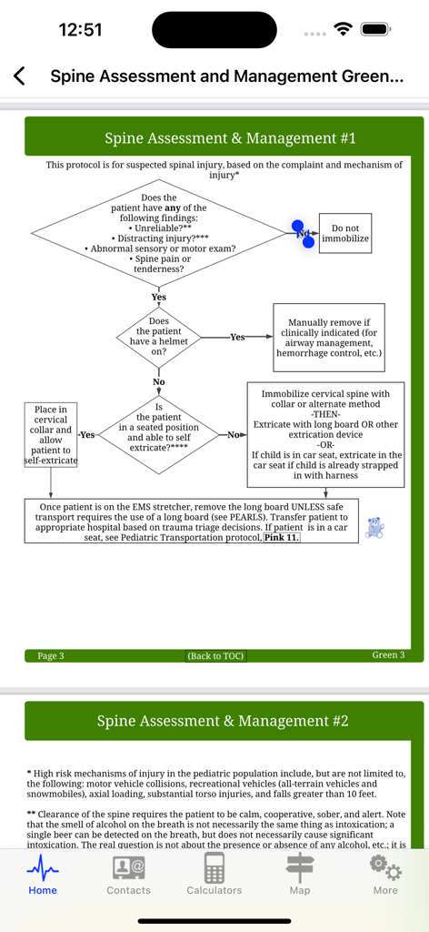 Maine EMS Protocol App - Maine EMS spine assessment and management flowchart protocol screen