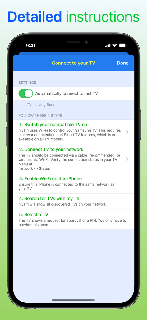 Screenshot of the myTifi app showing five detailed steps to connect an iPhone to a Samsung Smart TV over Wi-Fi.