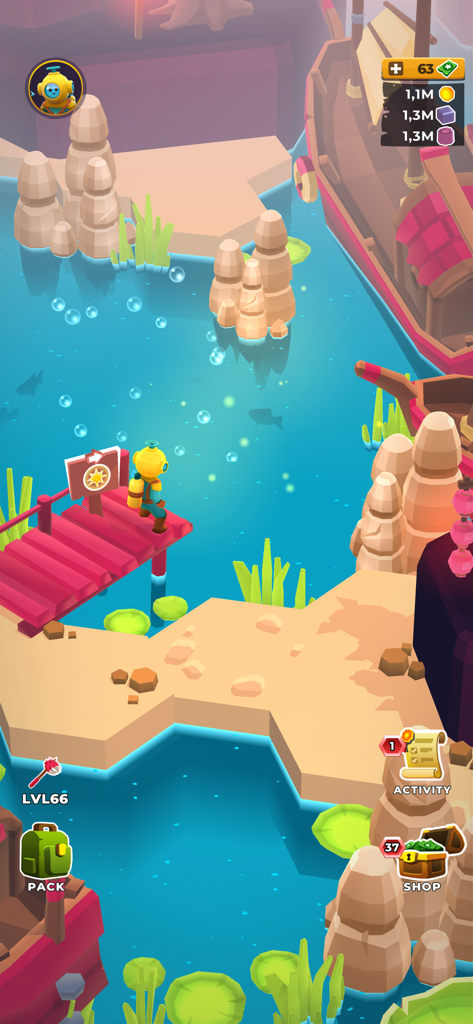 My Little Universe - Um personagem de terno amarelo explorando um nível aquático vibrante em Meu Pequeno Universo