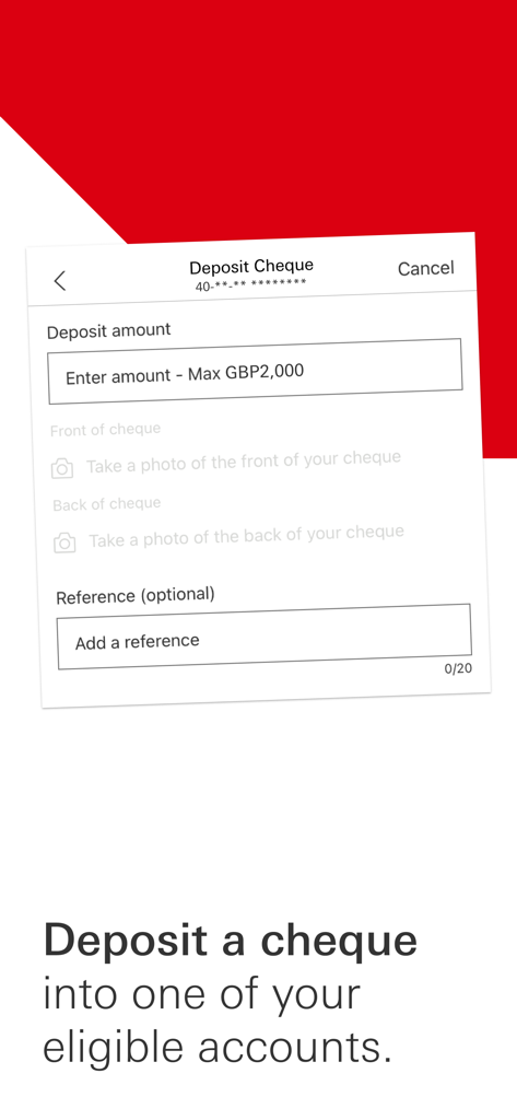 HSBC CI & IoM - Interface of the HSBC mobile banking app showing the deposit cheque feature with fields for amount and photo capture.